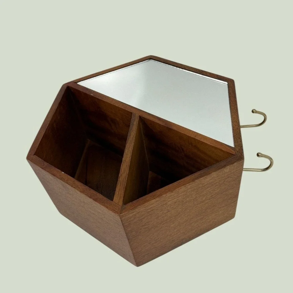 Hexagon Wood Wall Shelf with Mirror and Brass Hooks Geometric Entryway Decor